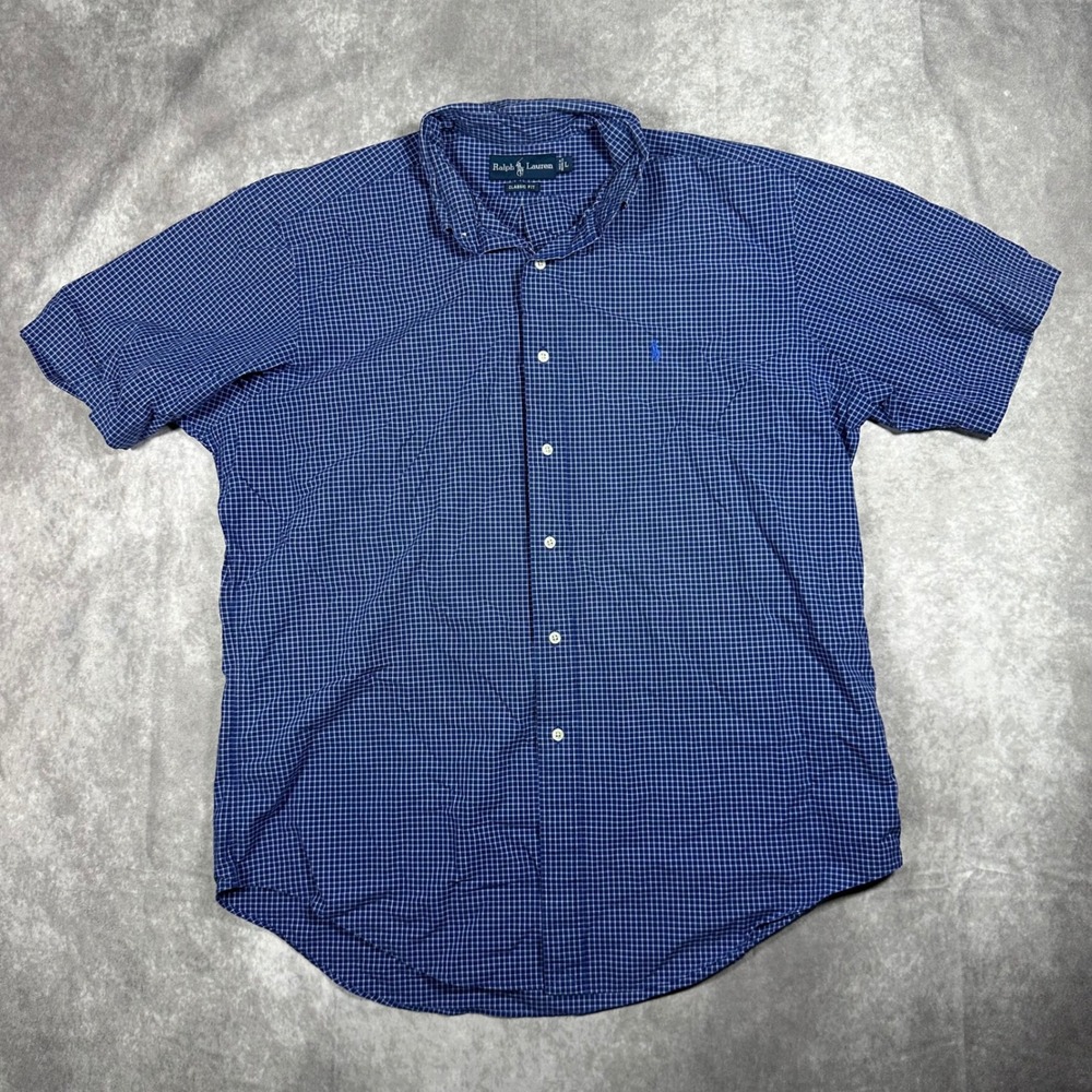 Ralph Lauren Mens Large Classic Fit Short Sleeve Button Down Shirt Blue Check